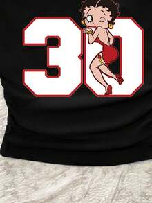 Betty Boop x SHEIN SHEIN Attitoon Women's Casual Waist Ruched Off-Shoulder Betty Collab Tight Fit Short Sleeve T-Shirt, Suitable For Summer, Chic, Y2K - Black - View 6
