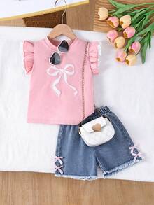 2 buc. Tricou tricotat confortabil cu mâneci fluturate și guler rotund pentru fetițe, top casual versatil pentru copii cu vârsta de 0-3 ani, asortat cu pantaloni scurți din denim spălat, design cu fundă brodată pe partea de sus care adaugă dulceață, potrivit pentru diverse ocazii, cum ar fi activități în aer liber, întâlniri de familie, potrivit pentru primăvară/vară. - Roz - Vizualizare 3
