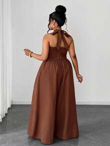 Maweii 大码金属扣通勤吊带腰部喇叭复古连体裤 - 棕色 - 查看 6