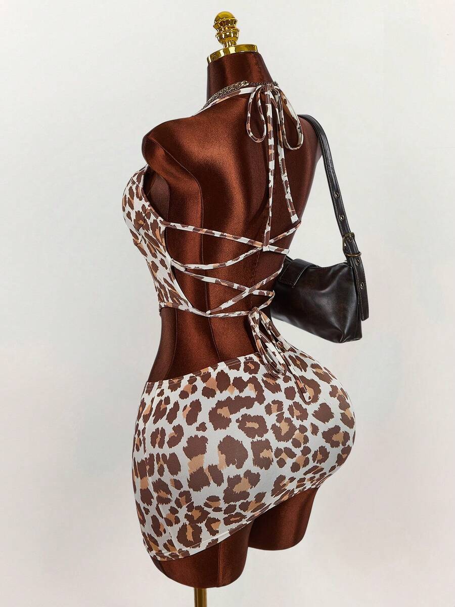 Amplova Women's Full Print Halter Tie Top And Mini Skirt 2 Pieces Set, Fashionable For Dates And Outings