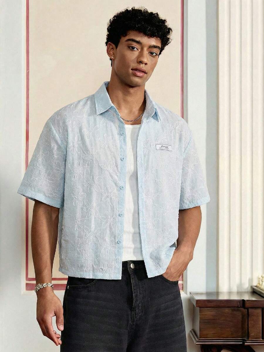 SWAVVY 男士浅色纹理短袖休闲衬衫 - 藍色 - 查看 1