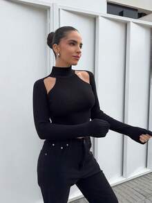 Marta Soriano Suéter de punto casual de cuello alto, manga larga, ajustado y con abertura, de unicolor, para mujer, estilo Y2k de otoño/invierno - Negro - Ver 5