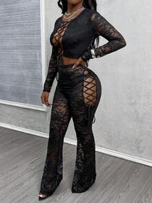 Glyssa 2pcs Women's Sexy Hollow Out Criss-Cross Tie Crop Top And Flare Leg Pants Set - Black - View 5