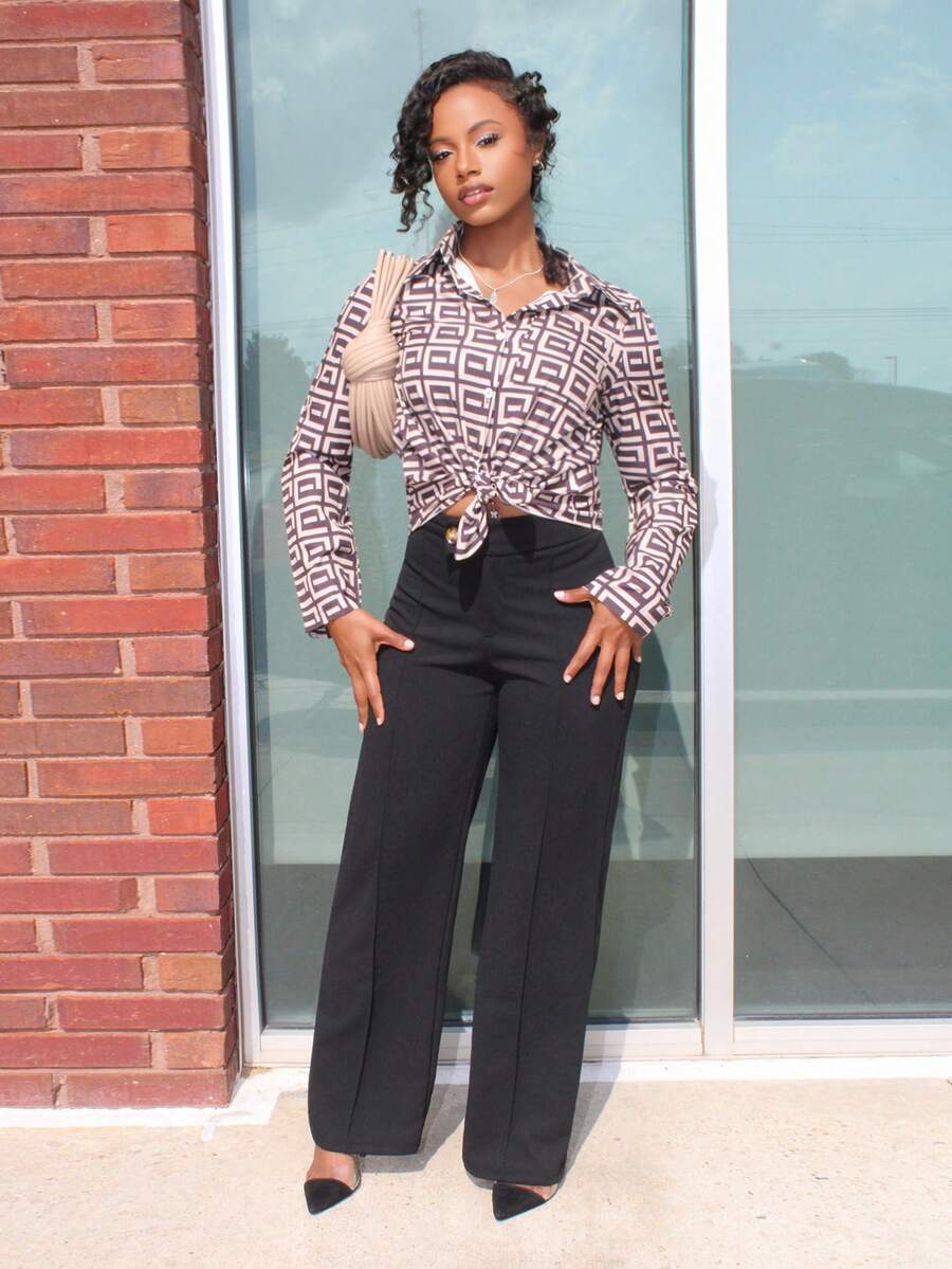 Steph T Camisa con estampado geométrico, blusas de manga larga - Marrón - Ver 1