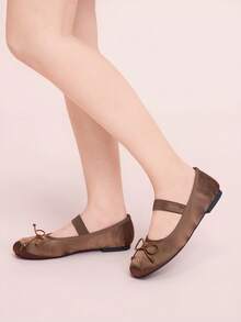 CUCCOO DOLLMOD Women's Mary Jane Style Flat Shoes, Brown Satin Fabric Bow Decoration - Coffee Brown - View 5