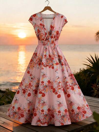 GlowEve Women's Floral Print Shirred Waist Elastic Drawstring A-Line Midi Dress, Charming Elegant Sweet Cute For Daily, Vacation, Commute, Date, French Street Retro Versatile, Spring/Summer, Shallow Pink Floral Print New Short Sleeve Midi Dress