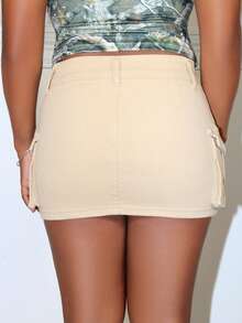 Steph T 女士休闲低腰超短工装口袋牛仔半身裙 - 卡其色 - 查看 2