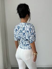 Elenzga 女士优雅印花修身收腰T恤，夏季 - 彩色 - 查看 2