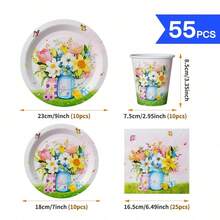 Conjunto de suministros desechables para fiesta con fondo rosa y florero de flores, adecuado para 10 invitados, vajilla de papel desechable, adecuado para fiestas de cumpleaños, bodas, fiestas temáticas, picnics familiares - Ver 7
