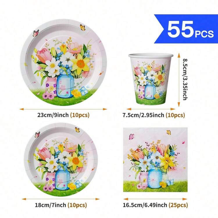 粉色背景花瓶一次性派对用品套装，适合10位客人，一次性纸质餐具，适用于生日派对、婚礼、主题派对、家庭野餐 - 查看 7