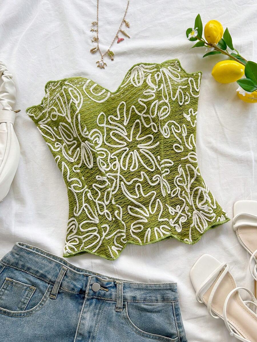 Soleia Áo ống ôm dáng họa tiết hoa dành cho nữ, kiểu dáng thường ngày. - màu xanh lá - Xem 1