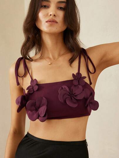 Aveloria Rosie Tie-Up Bandeau Top, 3D Floral Decor Craftsmanship, Romantic Elegant Sophisticated Style, Suitable For Parties, Galas, Celebrations, Tie-Up Design With 3D Floral Elements, Stretchy Fitted Cropped Silhouette, Comfortable Stretchy Fabric. Key Fashion Keywords: Bandeau Top, Tie-Up Details, Floral Decor, Sexy , Eye-Catching Accessory, Flattering Skin Tone, Stylish Pick, Evening Wear Pairing, High Street Vibe. European And American Spring/Summer New Fashionable Versatile 3D Floral Decor Design Luxe Ladies Top