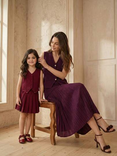 SHEIN 女童褶皱A字连衣裙，纯色V领无袖夏季简约背心套装