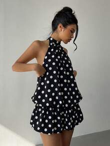 Aloruh Vestido corto de verano con escote halter y espalda descubierta, con estampado de lunares sexy para mujer - Blanco y Negro - Ver 8