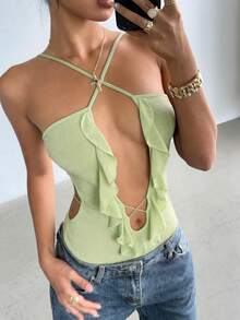 Aloruh Women's Spring/Summer Vacation Solid Green Romper With Ruffled Hem, Criss-Cross Spaghetti Straps, Backless Sexy Bodysuit - Green - View 6