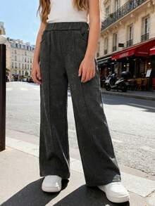 Pantalones vaqueros azules rectos y versátiles con efecto desgastado, pantalones de pierna ancha para niña en verano - Negro - Ver 1