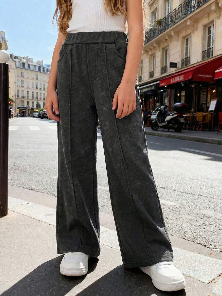 Pantalones vaqueros azules rectos y versátiles con efecto desgastado, pantalones de pierna ancha para niña en verano - Negro - Ver 1