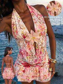 Women's Boho Multicolored Random Print Halter Camisole And Mini Skirt Knitted Two-Piece Outfit With Tie Back Details - Multicolor - View 3