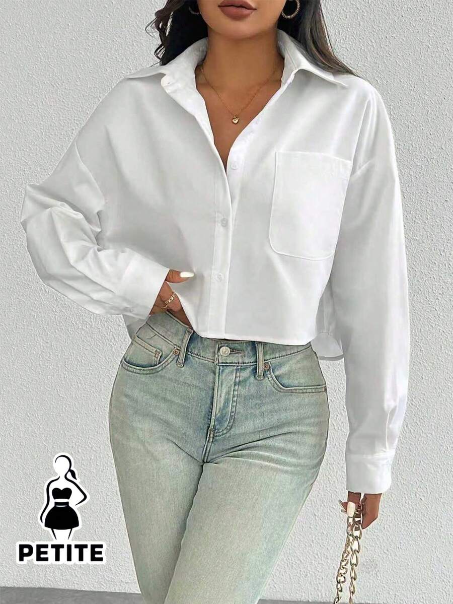 SHEIN PETITE Casual Versatile Long Sleeve Single Pocket Turndown Collar Button Down Loose Design Women Shirt - White - View 1