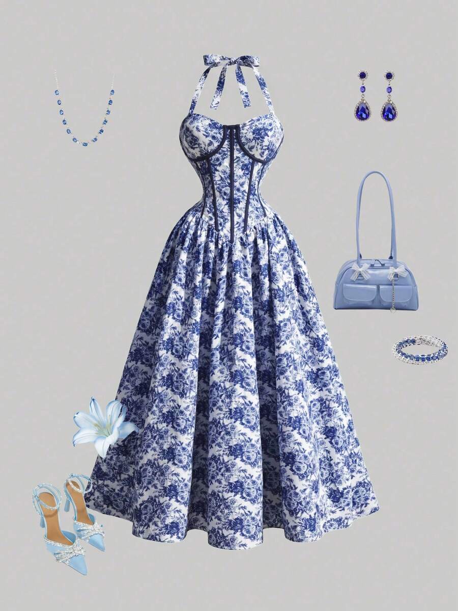 Qadelle Elegant Floral Print Backless Halter Dress, Summer - White - View 1