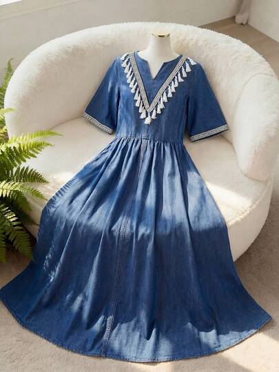 GlowEve 女士休闲牛仔连衣裙，拼接流苏短袖