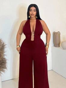 Maweii Plus Size Women's Sexy Solid Color Halter Deep V Metallic Decor Clasp Jumpsuit, Fashionable Design Versatile For Party And Gathering - Burgundy - View 4