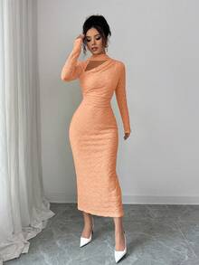 Elenzga 女士针织提花奶油色黄色拼接领派对/正式场合长裙，秋季 - 亮橙色 - 查看 8