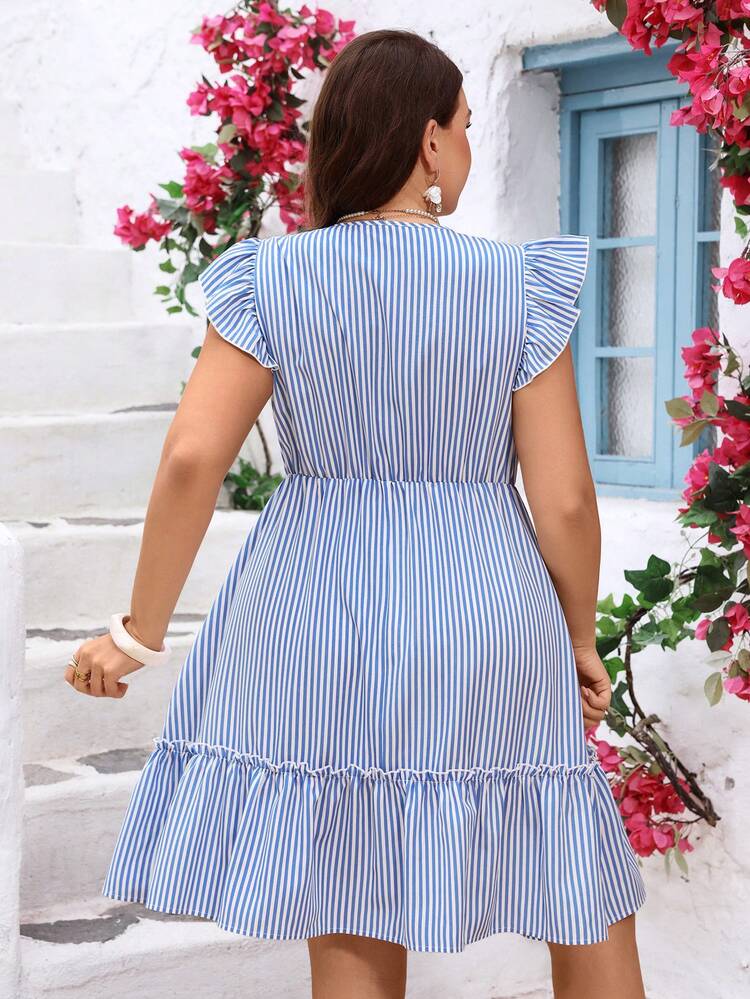 Plus Size Women Summer Vacation Elegant Casual  Blue & White Striped Floral Embroidered Dress,Summer Vacation,Casual Holiday Style,Summer Outfits For Women ,Vacation Outfits Women ,Holiday Outfits For Women,Going Out Outfits,New Clothes,Simple And Fashionable For Everyday Wear,Suitable For Summer, Vacation, Daily Wear, Festival Outfits For Women,Country Concert Outfit,Beach Outfits For Women,Western Style,Flowy Dress,Gifts For Mother,Boho Dress