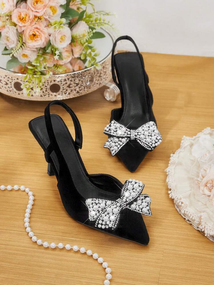 CUCCOO HITCHD Women's Pointed Toe High Heel Shoes, Spring/Summer New Arrival, Faux Suede Fabric, Rhinestone & Pearl Bow Decor, Comfortable & Elegant, Suitable For Weddings, Parties, Formal Occasions