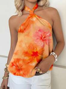 SHEIN EZwear Top feminino frente única com estampa floral de hibisco laranja, estilo casual minimalista para férias na primavera e verão, cruzeiro na praia, boho, faroeste, festival, garota da ilha, vintage, praia, romântico, com vibe de férias, férias de primavera, fofo, para casa, delicado, para garota clean, festival de música, show, casamento, convidada, viagem à cidade, elegante para as férias. - Multicolorido - Ver 6