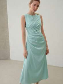 MOTF PREMIUM ELEGANT BUTTERFLY METAL DECOR RUCHED MIDI DRESS, SUITABLE FOR DATES AND EVERYDAY WEAR - Mint Blue - View 4