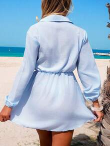 Swim Vcay Women's Spring/Summer Striped Long Sleeve Collared Waist Cinched Vacation Dress, Cover-Up - Blue - View 2