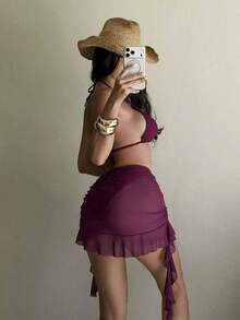 Swim SXY Bộ bikini trơn màu biển Swim Chic với bèo nhún bất đối xứng, họa tiết hoa 3D và chân váy lưới. - Màu Đỏ Sâu - Xem 2