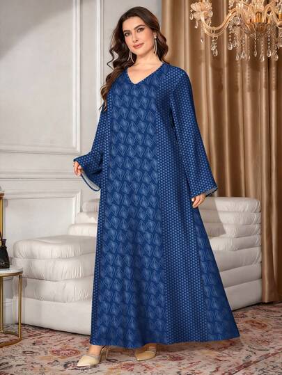 SHEIN Najma Đầm maxi dài tay cổ chữ V kiểu Ả Rập thanh lịch dành cho nữ, màu xanh hải quân, cỡ lớn, họa tiết lá, hình tam giác và đường kẻ tối giản, thích hợp cho mùa xuân/hè.
