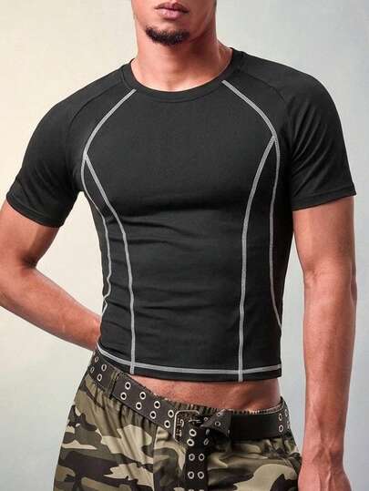 DSELFIQUE 男士柔软纯色磨毛面料短袖T恤，撞色拼接设计，热销运动T恤，适合男士休闲、日常、派对、聚会等场合，可自穿或送礼。春夏流行修身短袖T恤。