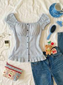 CovetEZ Blusa de rayas azules con diseño retro original 2026, top de verano de ajuste ceñido con volantes en el bajo para mujeres - Azul y blanco - Ver 7