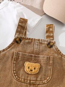 SHEIN Playful Pals Newborn Baby Summer Casual Bear Embroidery Pocket Romper - Coffee Brown - View 7