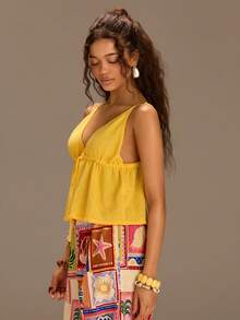 Athîral Blusa de punto de unicolor con cuello en V, plisada y con detalle de nudo, versátil para uso diario - Amarillo - Ver 5