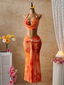 Femesol Bộ bikini dài kiểu dáng nghỉ dưỡng đảo nhiệt đới mới, bộ 2 mảnh ôm sát gợi cảm dành cho nữ, họa tiết hoa màu cam. - Nhiều màu - Xem 3