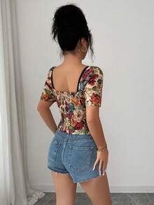 Pariaura Áo ngắn tay nữ tay ngắn, họa tiết hoa jacquard hình trái tim nhiều màu sắc, ôm eo, thích hợp cho kỳ nghỉ lãng mạn. - Nhiều màu - Xem 2