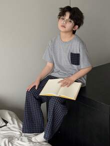 Dazy Kids Tween Boy Plaid Short Sleeve Top And Pants Pajama Set - Grey - View 5