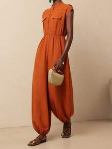 Vesra Stand Collar Sleeveless Epaulet Pocket Elastic Waist Drawstring Loose Women Jumpsuit - Orange - View 6