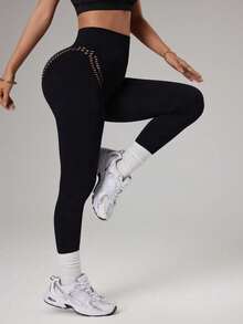 Dewbera Dewbera Nahtlose schwarze Damen-Sportleggings mit Rosen-Cut-Out-Design, geeignet für Training, Fitness, Yoga - Schwarz - Übersicht 4