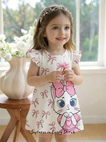 SHEIN 女婴可爱卡通猫咪印花连衣裙，宽松公主风短袖夏季连衣裙，时尚童装 - 彩色 - 查看 7