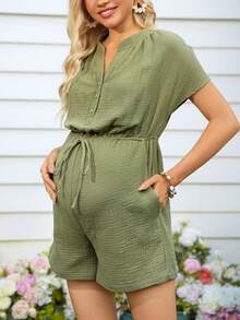 SHEIN Women's Casual Raglan Sleeve Drawstring Jumpsuit, Comfortable Cotton Maternity Pants - Army Green - View 3