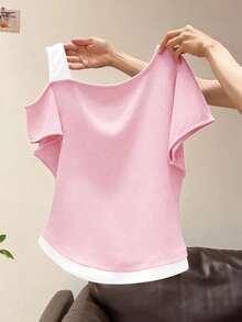 Resyla 女士不对称肩部二合一短袖T恤，夏季 - 粉色 - 查看 2