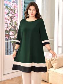 Lacomfia Plus Size Women Striped Round Neck 3/4 Sleeve Top And Pants Casual 2 Pieces Set - Army Green - View 4