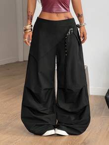 Coolane 女士黑色梭织阔腿低腰裤 - 黑色 - 查看 1