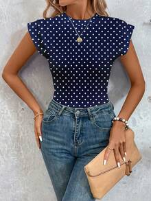 SHEIN LUNE 女士休闲印花连体衣，适合春夏穿着，蓝白波点图案 - 彩色 - 查看 3