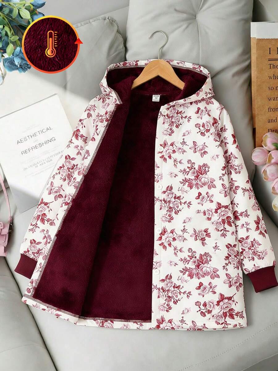 SHEIN Vintaside Kids Girls' Hooded Thickened Fluffy Vintage Floral Mid-Length Jacket, Autumn/Winter - Burgundy - View 1